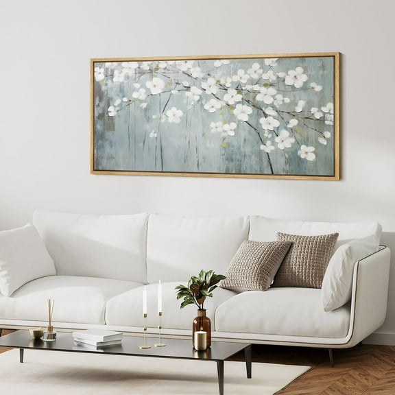 IDEA4WALL Extra Large Framed Canvas Print Wall Art Elegant White Blossom Classic Fine Art Panoramic Vintage Inspired Floral Antique Retro Wall Decor Oversized Artwork for Rooms - 60"x30"