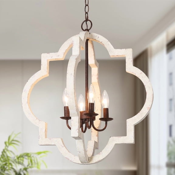 LNC Adrammelech 4-Light Distressed White and Rust Farmhouse Pendant Light with Birch Wood Frame