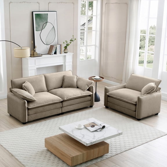 Two-Piece Living Room Sofa - Tan Corduroy, Retro & Versatile for Any Room