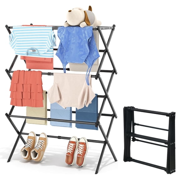 Collapsible Clothes Drying Rack Household, 3-Tier Laundry Drying Rack, Foldable Drying Rack Clothing for Laundry, Space Saving Towel Rack, Essential for Camping/Trailers, Indoor & Outdoor, Black