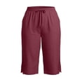 thumbnail image 4 of Women's Plus Size Casual Solid Lace Trim Drawstring 3/4 Pants, Cotton Linen Blend Summer Capris, Soft Elastic Waist Side Pockets, Lightweight Breathable for Work Walking | TruHer,Wine 4XL, 4 of 6