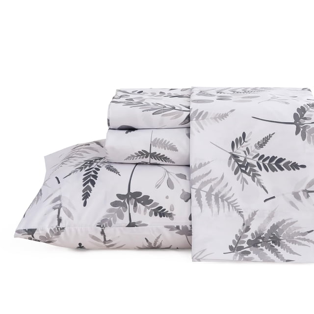Juego de sábanas JSD Boho Floral King Size, 4 piezas, microfibra, color gris