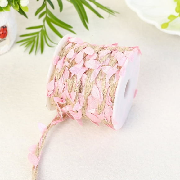 Zhuge burlap leaf ribbon, 66 feet in total, 5mm natural jute thread ribbon with artificial leaves, used for crafts, weddings, jungle wildlife park parties, home decor (2 pieces, pink)