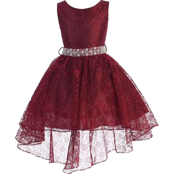 Little Girl High Low Floral Lace Rhinestones Pearl Belt Easter Pageant Flower Girl Dress Burgundy 2 JK3744 BNY Corner