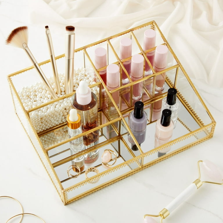 Glamlily Glass Makeup Organizer with Gold Trim for Vanity, Cosmetic Storage (10.2 x 7.5 x 3.5 in)