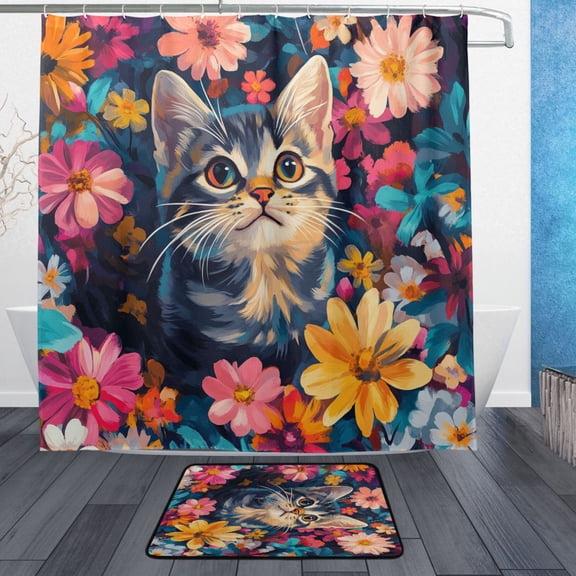 BZSMCE Shower Curtain and Bath Accessory Set,Cat Peeking Through Flowers Pattern