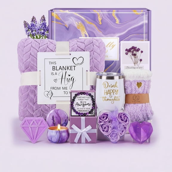 Purple Spa Gift Basket for Women – Self-Care Birthday, Get Well & Christmas Gifts for Her, Mom, Sister, Wife, Grandma