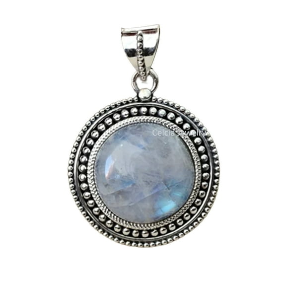 Pure 925 Sterling Silver Pendant For Men Women, Genuine Rainbow Moonstone Round Gemstone Beautiful Handcrafted June Birthstone Pendant