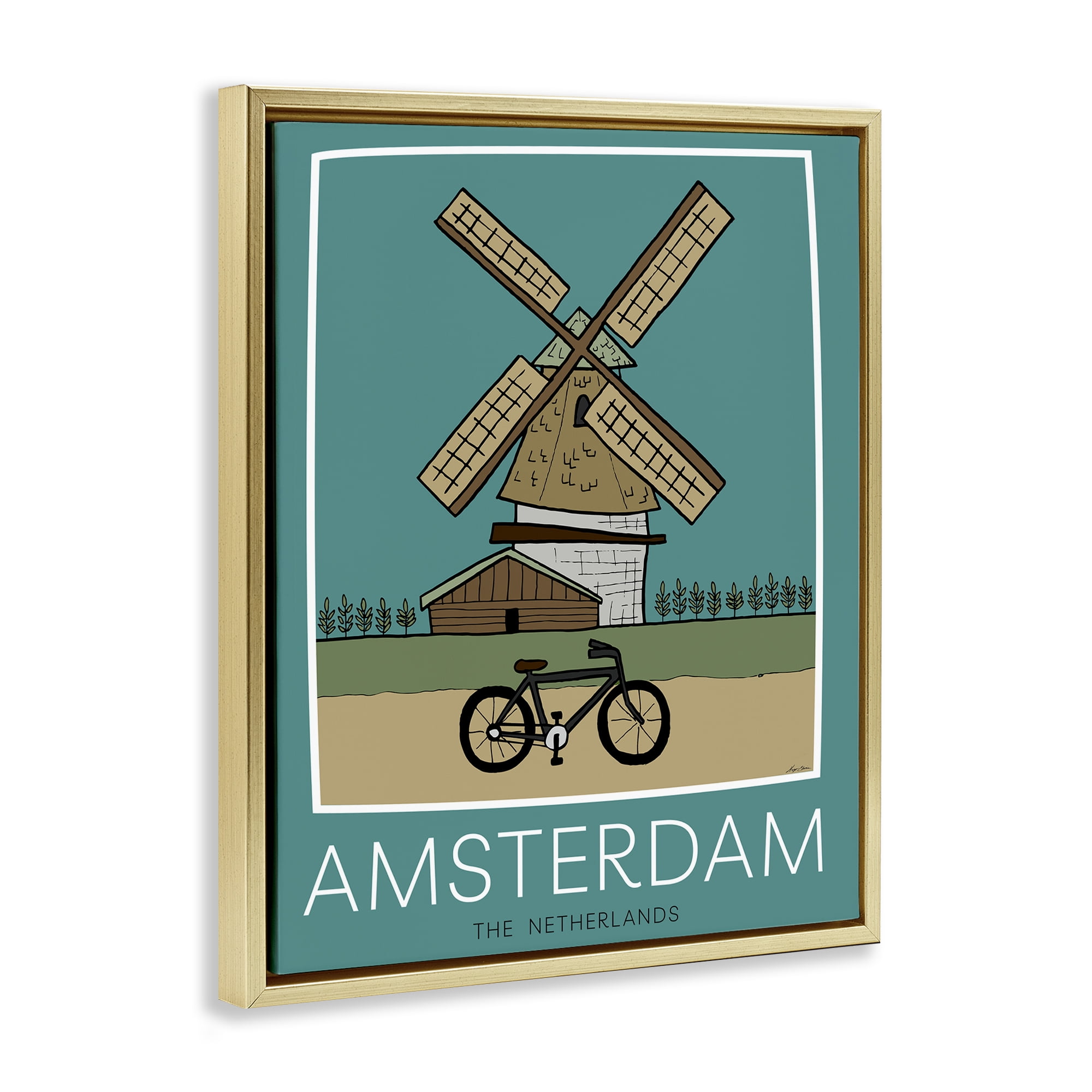 Stupell Industries Amsterdam Windmill Poster Gold Framed Floater Canvas Wall Art, design by Hugo Edwins