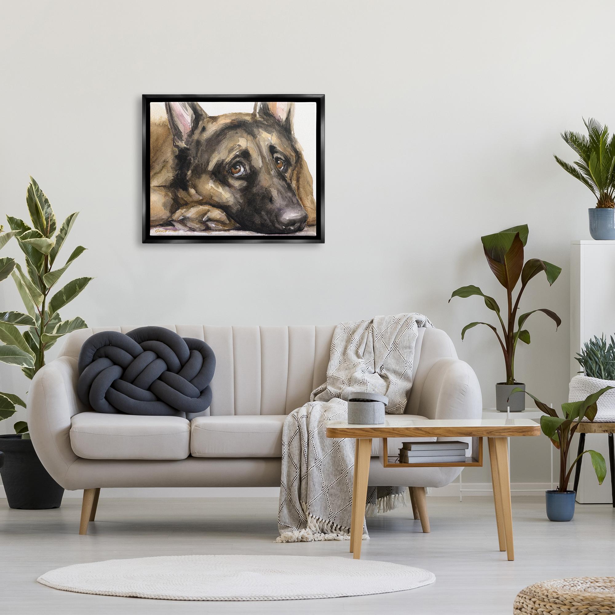 Stupell Industries Tired German Shepherd Dog Resting Head On Paw Painting Jet Black Floating Framed Canvas Print Wall Art, Design by George Dyachenko