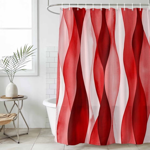 Red Striped Waterproof Fabric Shower Curtain,Modern Gradient Geometric Ripple Stripes Waterproof Fabric Shower Curtain for Bathroom Curtains Bathtubs Hotel Shower Curtains with 12 Hooks Stall 48x72in