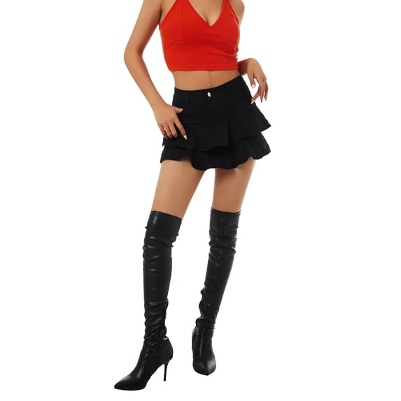 Liacowi Women High Waist Pleated Ruffle Flared A-Line Skater Mini Denim Jean Skirt with Lining