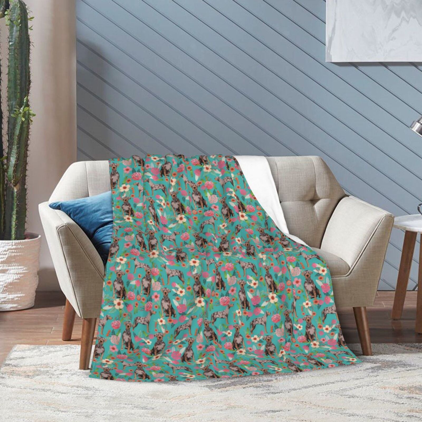 Wijzvio Catahoula Leopard Dogs Lovers Flower Floral Throw Blanket Soft Fuzzy Fleece Blanket For Couch Bed Living Room Decoration 50"X40"