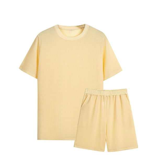 Camisas Casuales de Manga Corta de los Hombres Cuello Redondo Y Pantalones Cortos, Color Sólido de la Playa de Dos Piezas para las Vacaciones Y Diario