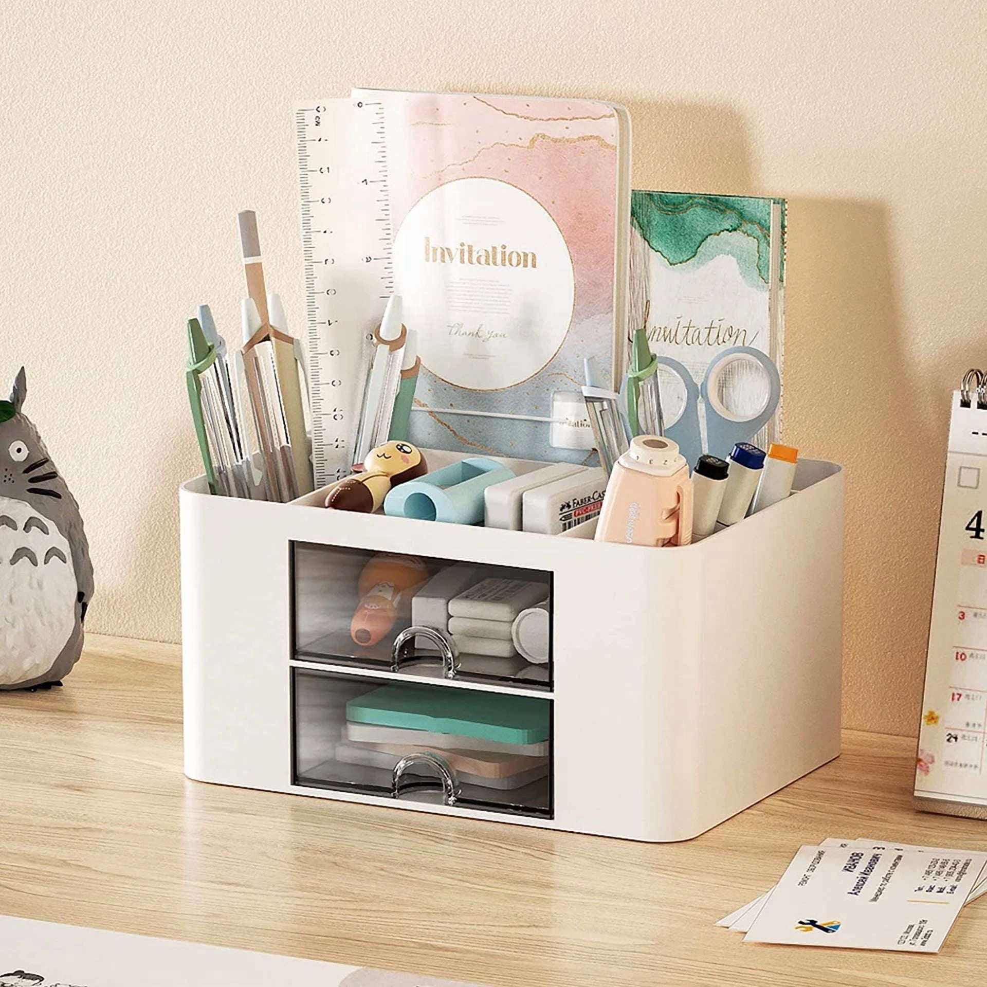 Pen Holder With 2 Drawers – Desk Organizer For Office Supplies & Accessories