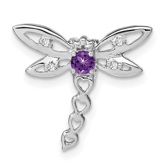 Auriga 14k White Gold Amethyst and Diamond Dragonfly Chain Slide Pendant for Women (L-16.2mm, W-17.3mm)