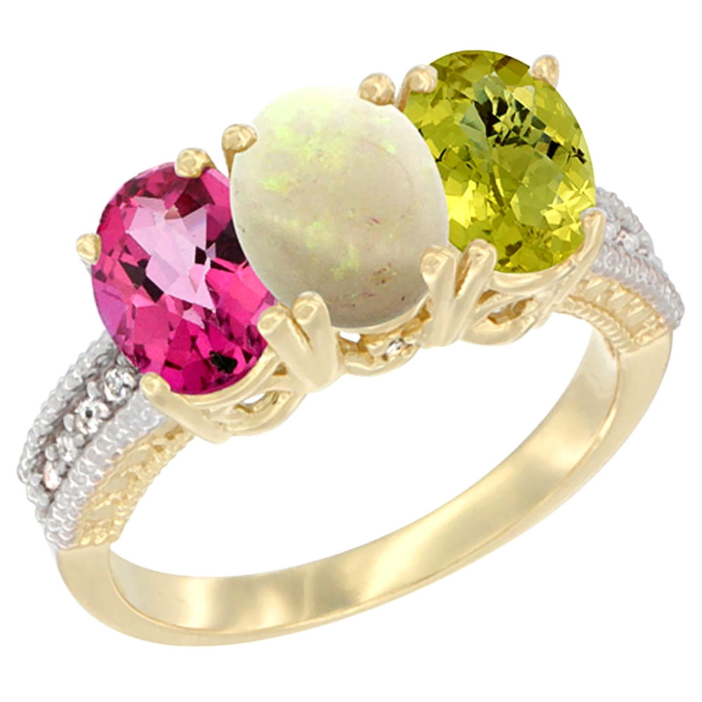10K Yellow Gold Diamond Natural Pink Topaz, Opal & Lemon Quartz Ring 3-Stone 7x5 mm Oval, sizes 5 10 by WorldJewels