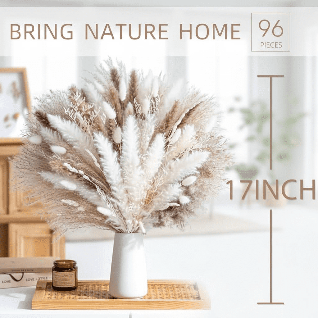 96 PCS Natural Dried Pampas Grass Bouquet, Boho Wedding Floral Arrangements and Home Decor, Dried Flowers for Vase Fillers and Rustic Home Decorations