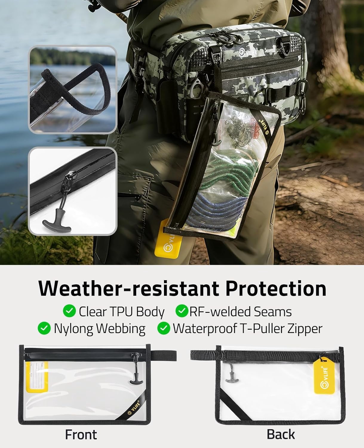 Fishing Tackle Bag Waist Pack with Rod Holder, Water Resistant Fanny Pack Includes 3600 Tackle Box, Waterproof Pouch & Carabiners