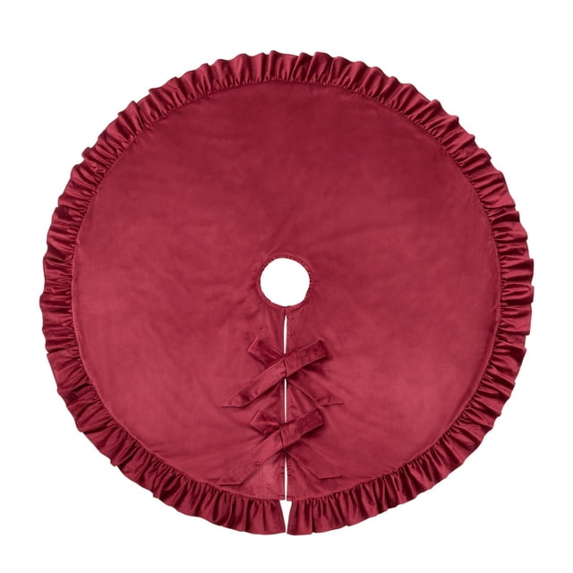 Christmas Tree Skirt 52 in Red Ruffled Velvet With Ties For Holiday Decor