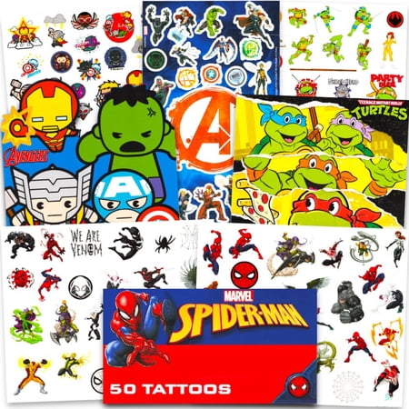 Super Hero Tattoos Party Favors Set – 150 Superhero Temporary Tattoos Featuring Marvel Avengers Spiderman and Teenage Mutant Ninja Turtles Bundle with Avengers Reward Stickers