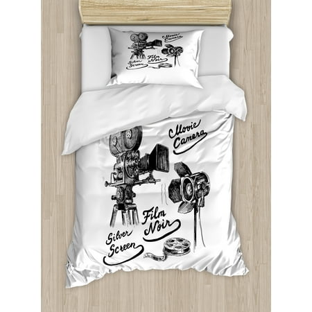 Movie Theater Twin Size Duvet Cover Set, Cinematography Themed Artwork with Old Camera and Equipment Silver Screen, Decorative 2 Piece Bedding Set with 1 Pillow Sham, Black White, by