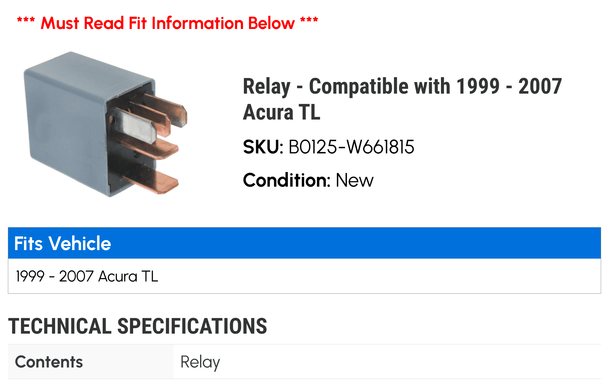 Relay - Compatible with 1999 - 2007 Acura TL 2000 2001 2002 2003 2004 2005 2006