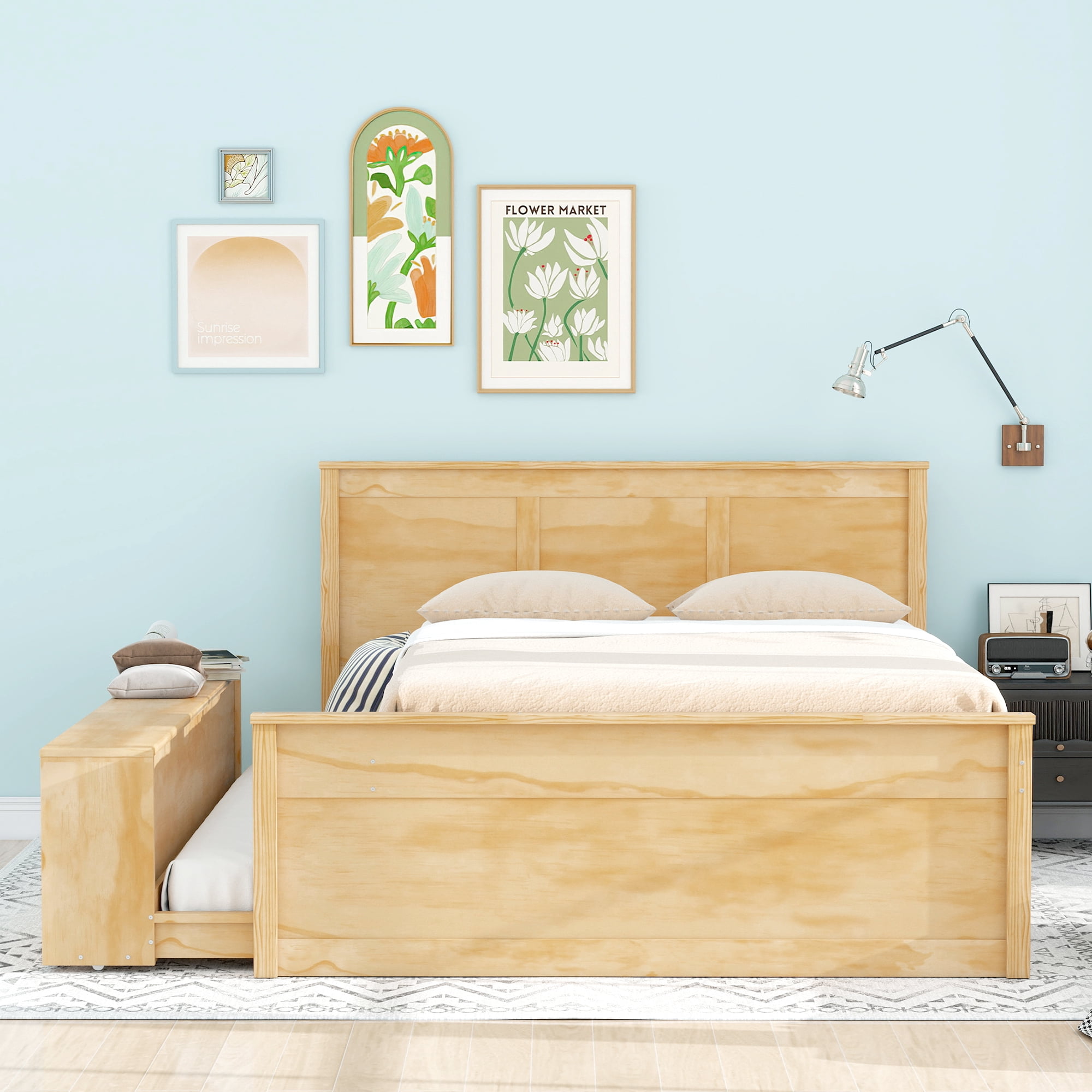 Euroco Wood Full Size Platform Bed with Trundle and Storage Cabinets, Natural