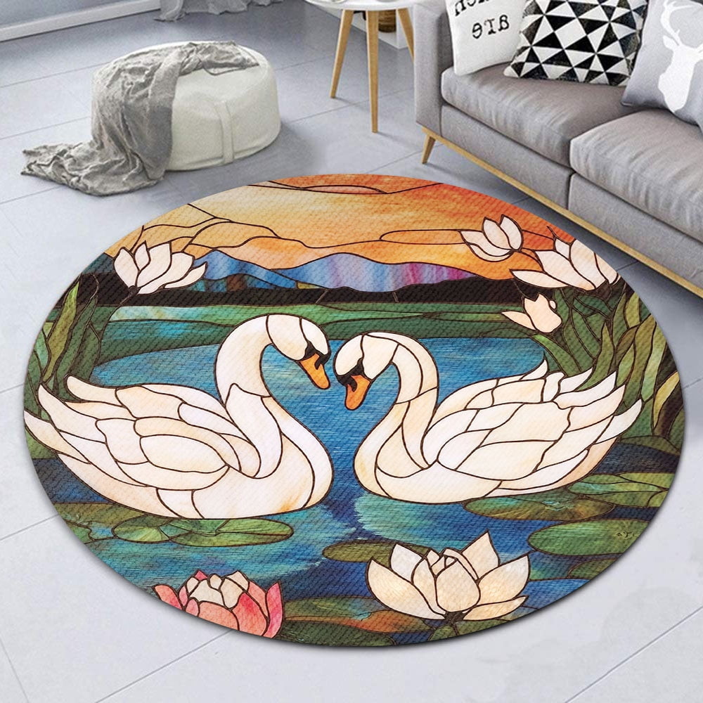 Round Rug, Swans Soft Washable Carpet, Non-Slip Floor Mat for Living Room Bedroom Home Decor 24 Inch