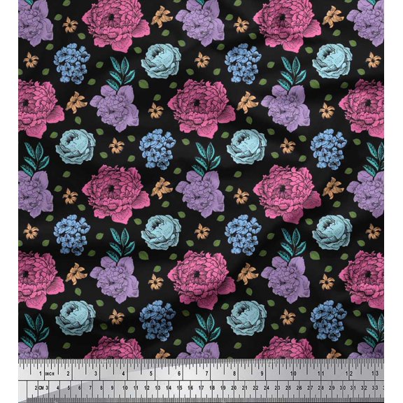 Soimoi Cotton Duck Fabric Leaves,Periwinkle & Peony Floral Print Sewing Fabric Yard 42 Inch Wide