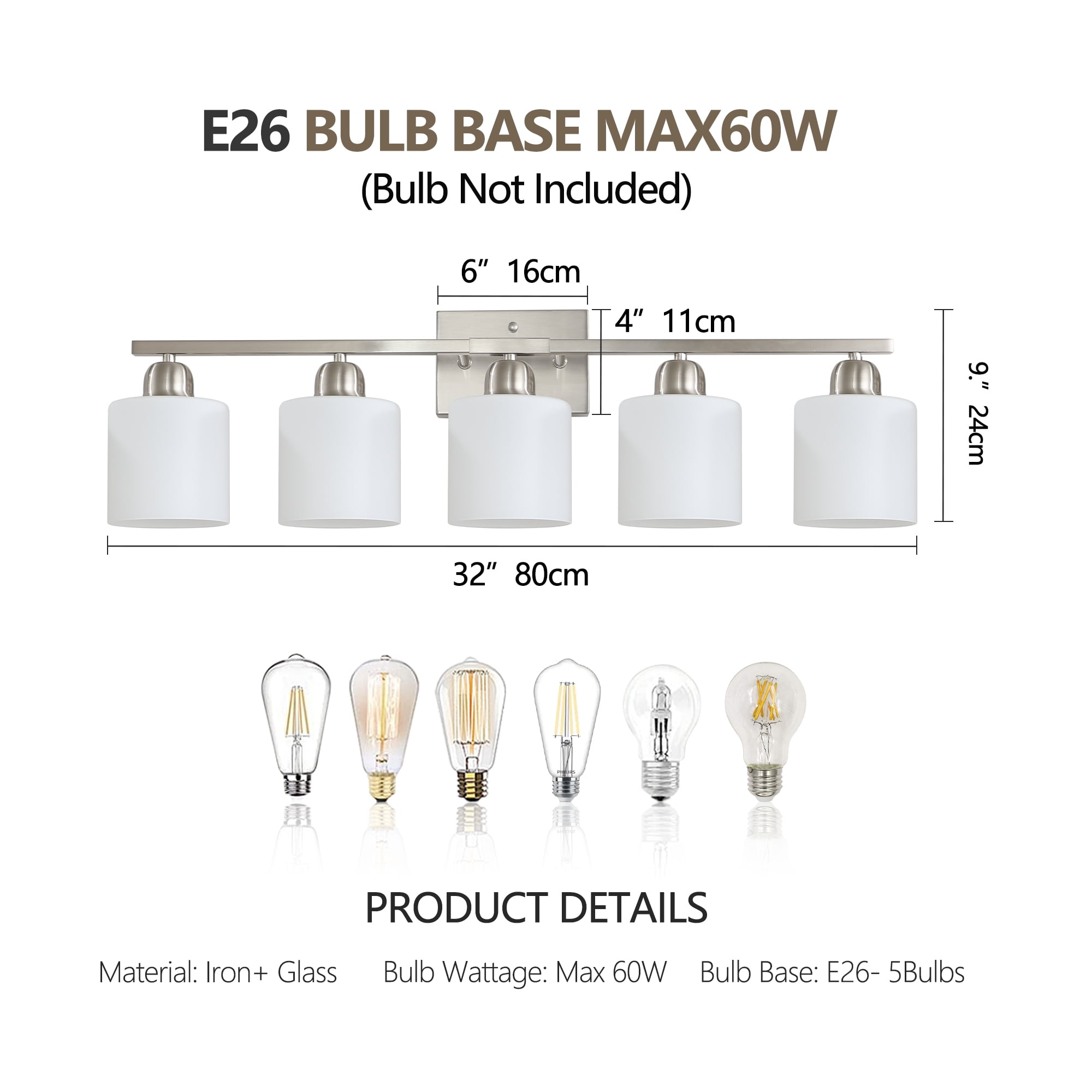 Jopath 5-Light Modern Vanity Light Over Mirror, Wall Sconces with Milky White Frosted Glass Shades for Bathroom, Hallway, or Bedroom Nickel (Bulbs Not Included)