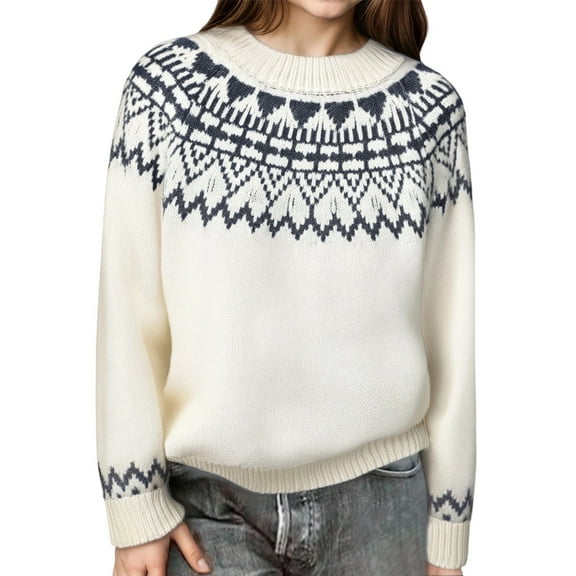 SGMVNU Girls Fashion Sweater Tops - Soft Knit Pullover with Jacquard Pattern, Warm Fall Winter Casual Tops for Toddler & Children Boys, Girl Knitwear Tops(Size 5-6 Years,Beige)