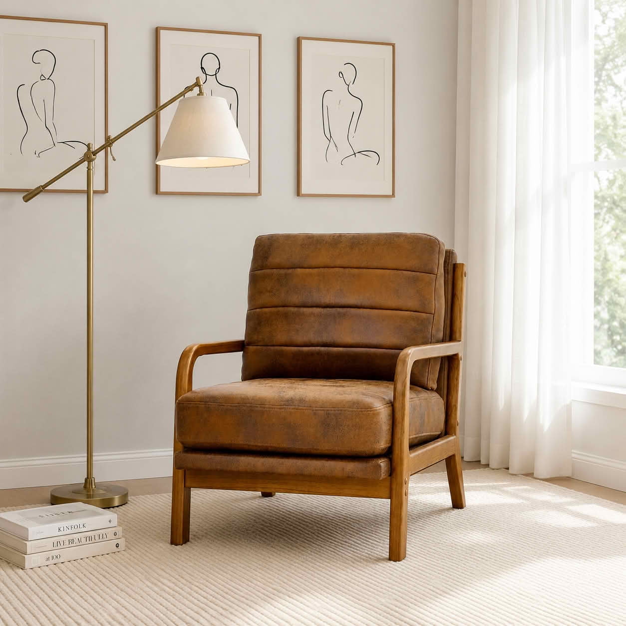 MAYEERTY 26 In Solid Wood Armchair, Curved Armrests, Foil Fabric, Memory Foam, Light Brown, 300 lb