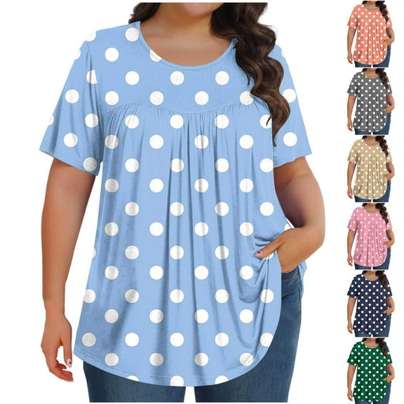 Up to 70% Off! Xuniizn Plus Size Tops for Women Summer Casual Loose Spotted Printed Round Neck Short Sleeve Shirts Breathable Holiday Bloouse