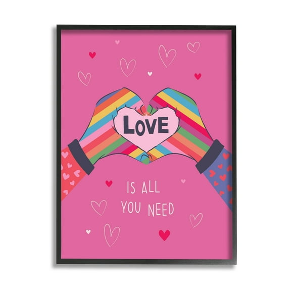 Stupell Industries Love Is All Phrase Rainbow Heart Shaped Hand Gesture,11 x 14, Design by Lisa Perry Whitebutton