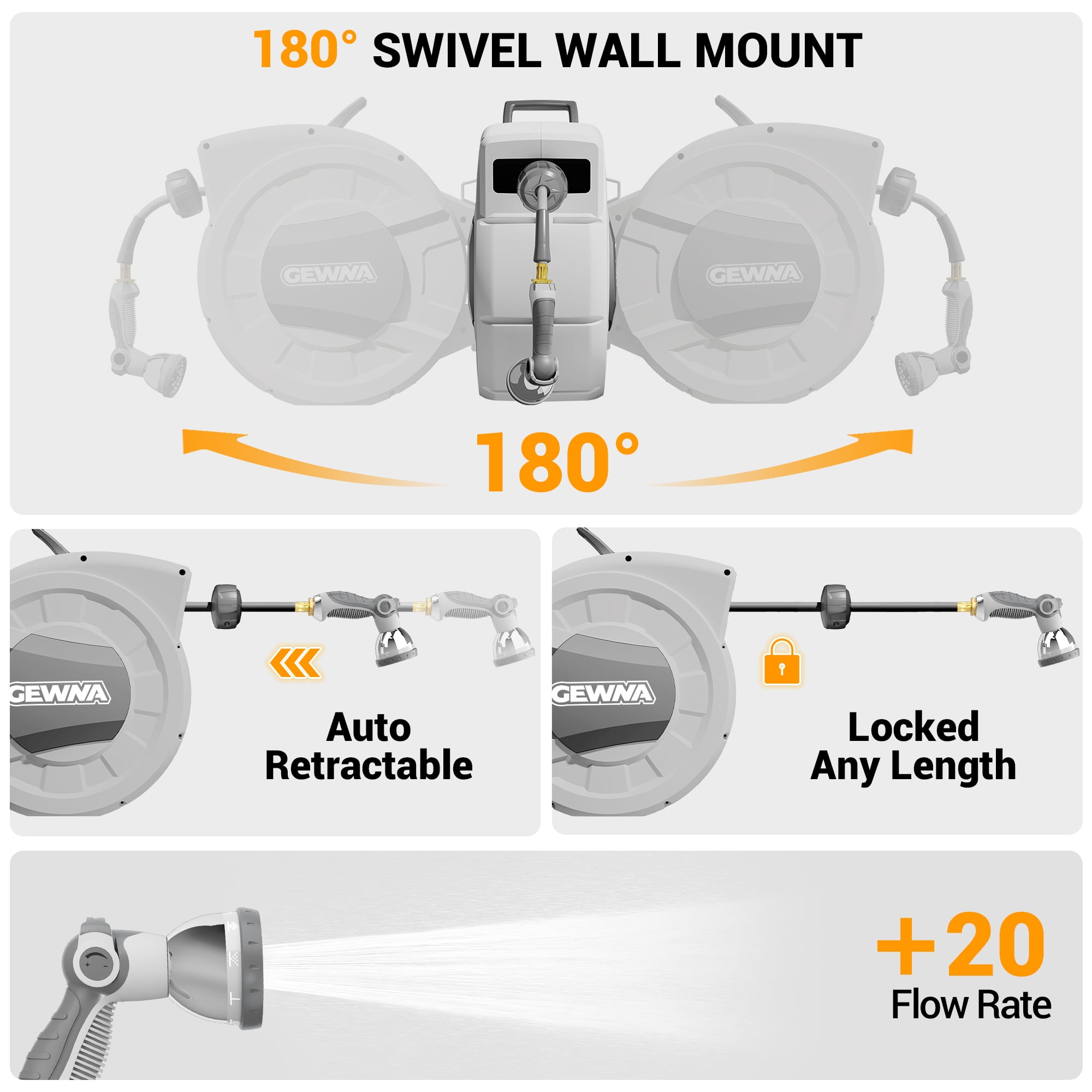 Gewna 1/2 in x 100 ft Retractable Wall Mounted Garden Hose Reel with 10 Pattern Nozzle, Any Length Lock, Slow Return System, 180°Swivel Bracket