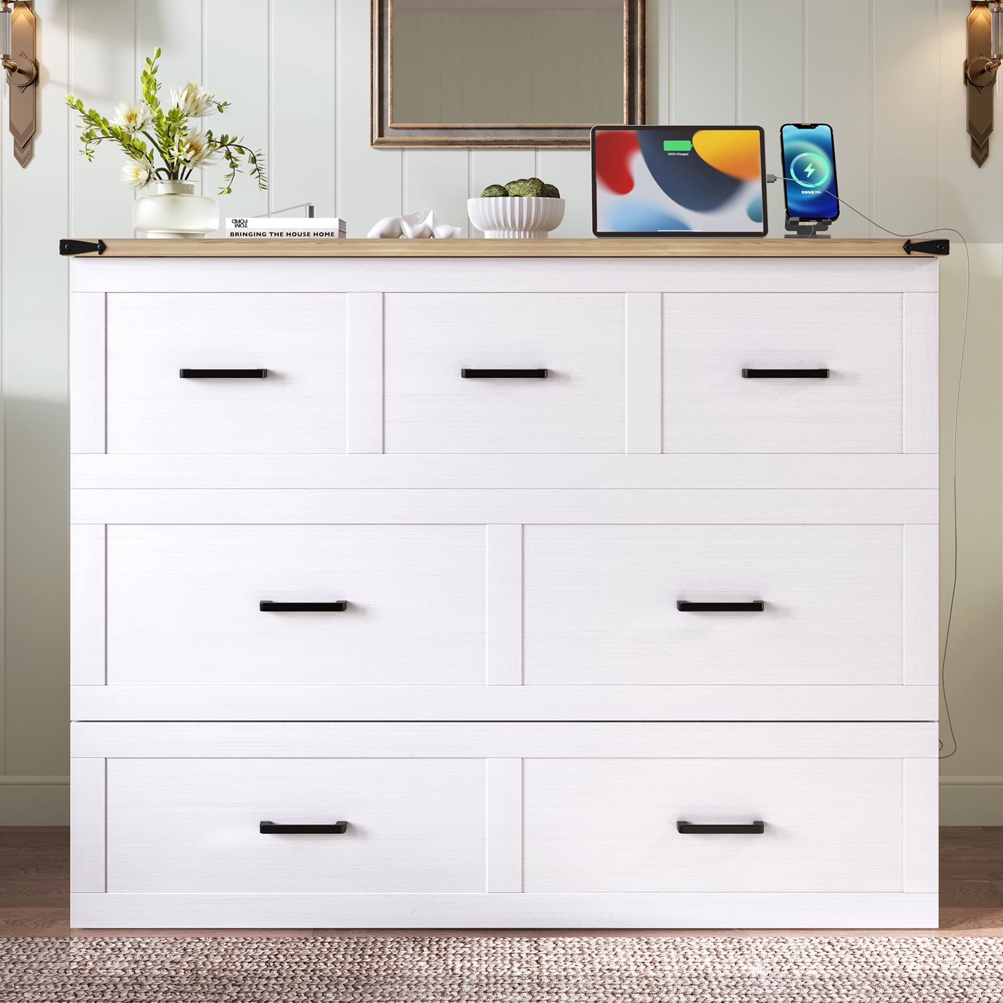 Yoneston Full Size Murphy Cabinet Bed with Storage Drawers & Charging Station, Foldable Platform Bed for Guest Room Bedroom Living Room, White