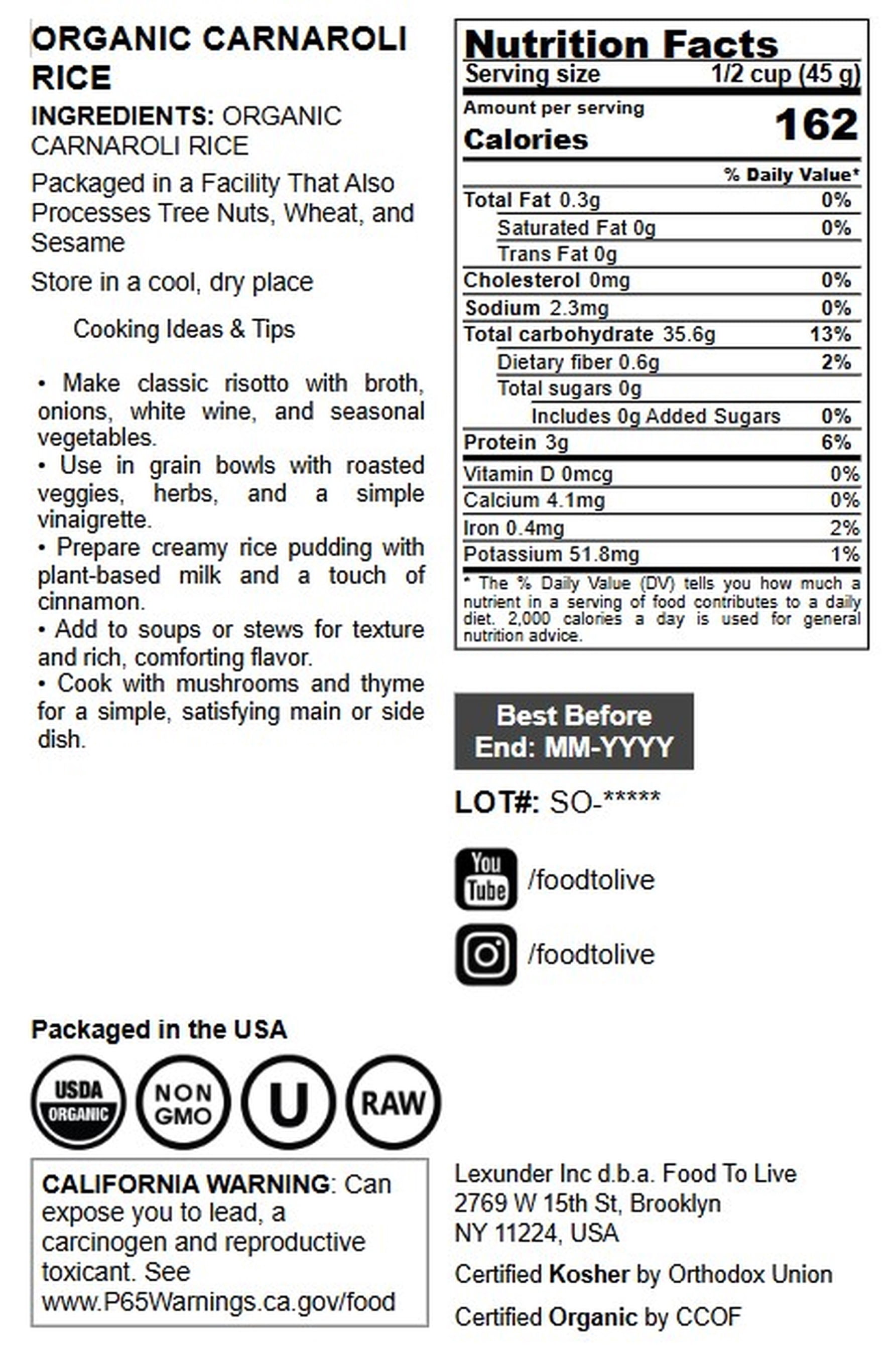 Organic Carnaroli Rice, 3 Pounds – Non-GMO, Vegan, Kosher, Bulk – by Food to Live