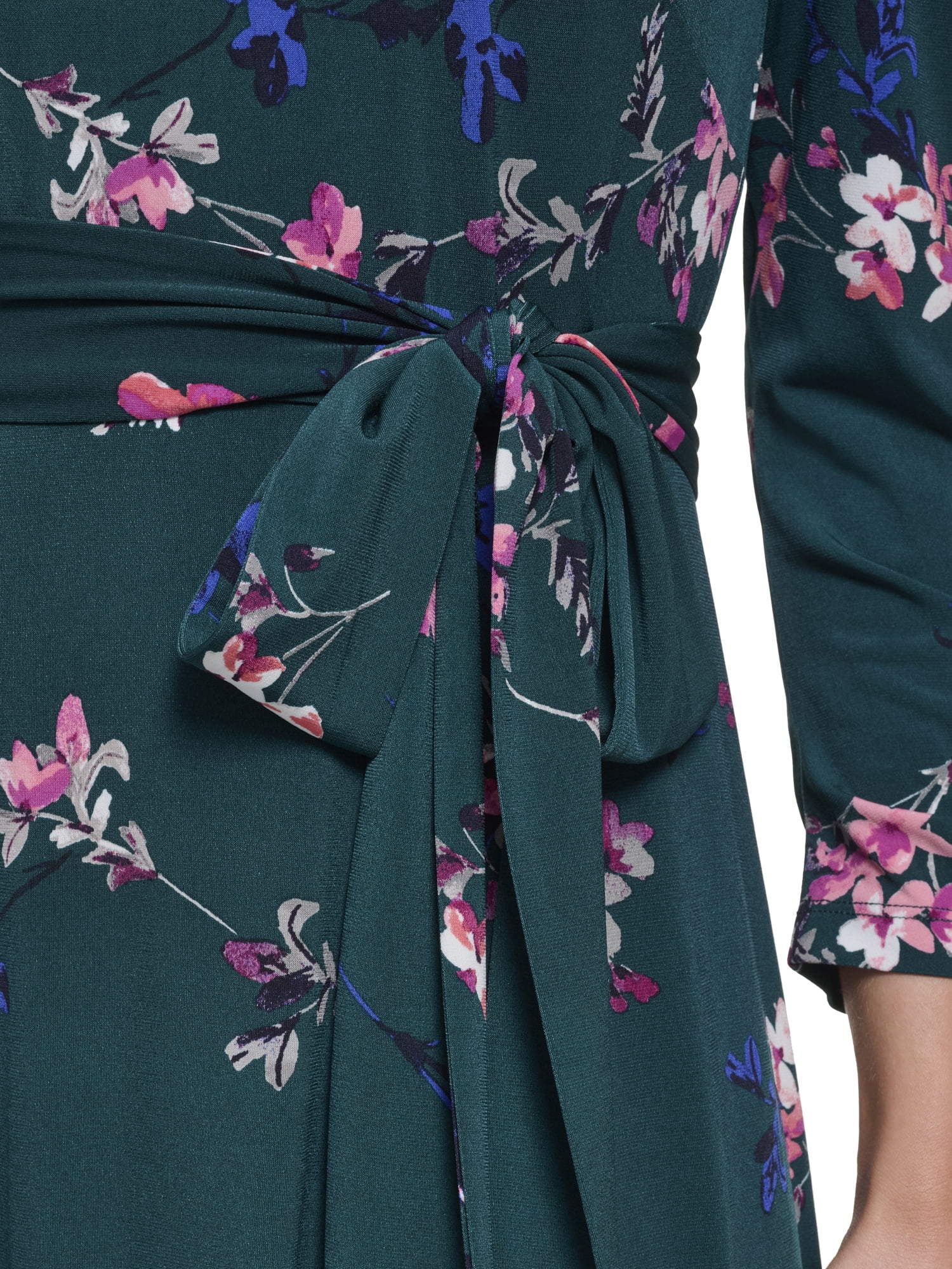 Falling Flowers Women's 3/4 Sleeve Belted Midi Dress, Sizes XS-XL