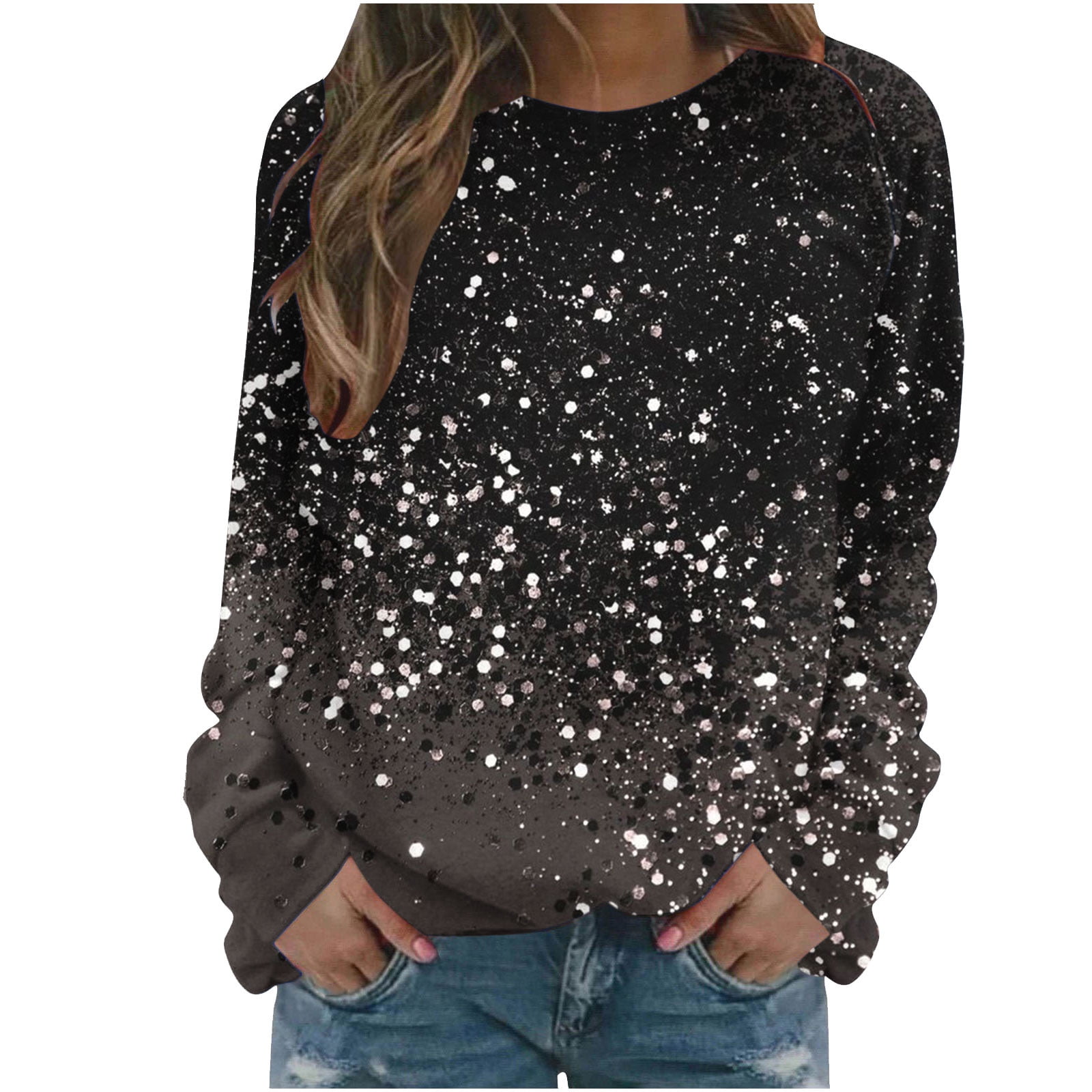 AherBiu Chandails à Col Rond pour Femmes Manches Longues Imprimé Brillant Printemps Décontracté Ample Chandail Pailleté Hauts