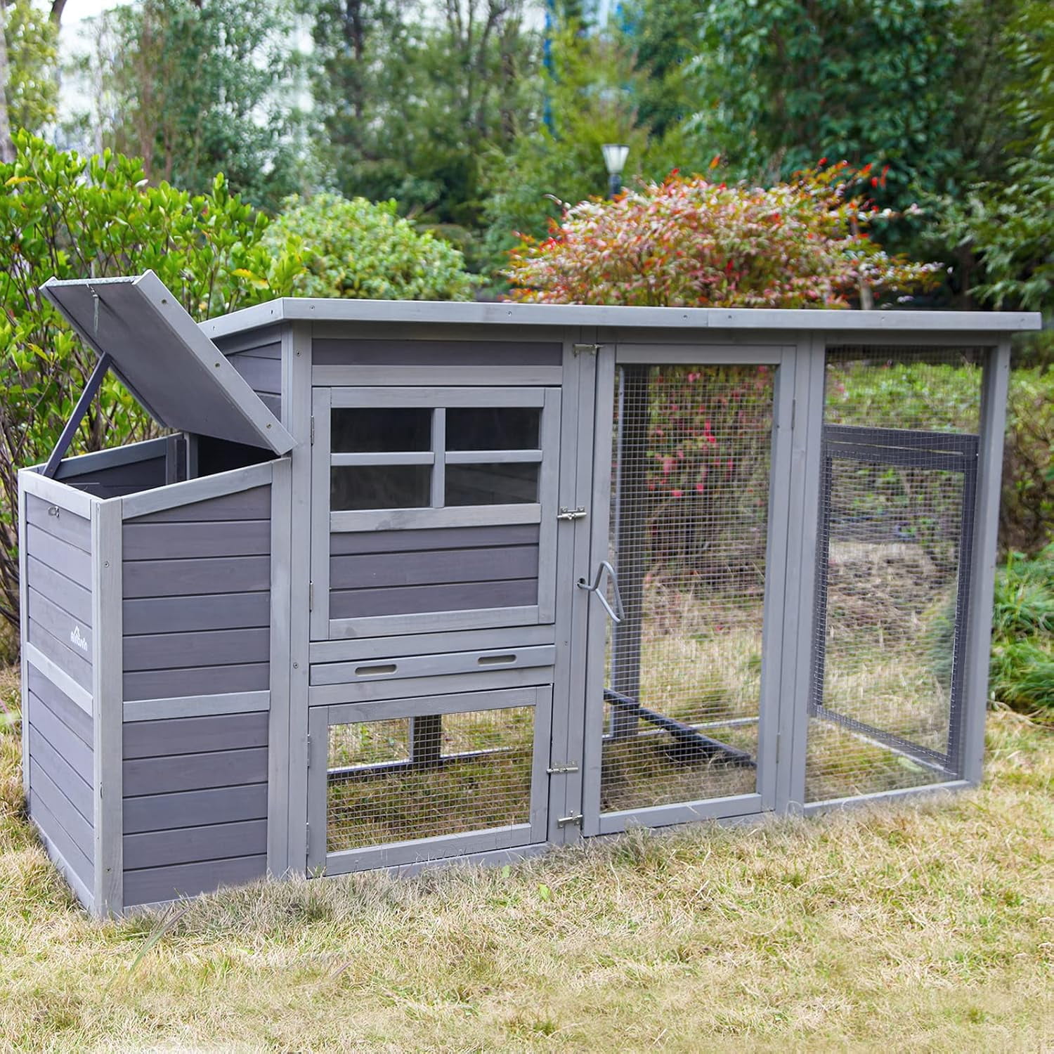 Aivituvin 78in Large Chicken Coop with Wheels & Removable Leakproof Tray, Outdoor Wooden Poultry House with Waterproof Roof, Nesting Box, Ramp and Run (Grey)