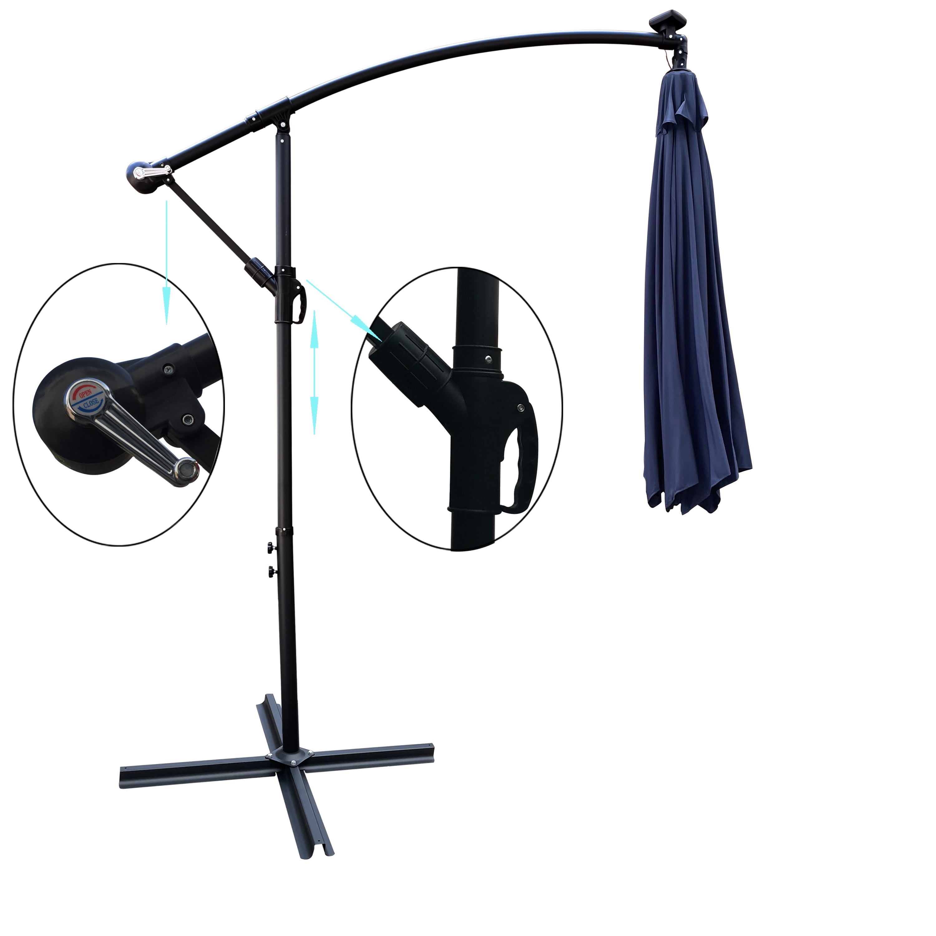10 FT Round Outdoor Patio Umbrella, Solar LED Lighted Waterproof Sun Shade Umbrella with Stable Base, Navy Blue