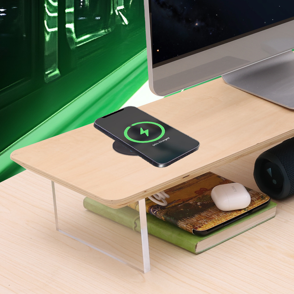 Monitor Stand Riser with Wireless Charging 31.5Inch Large, Wooden Desktop Organizer Shelf for Office Desk Computer,Laptop,TV