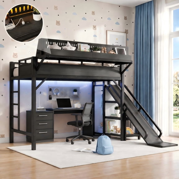 Aukfa Twin XL Metal Loft Bed with Slide, Shelves, Wardrobe, USB Ports & LED Lights, Space-Saving Bed Frame for Kids Teens Adults, Black