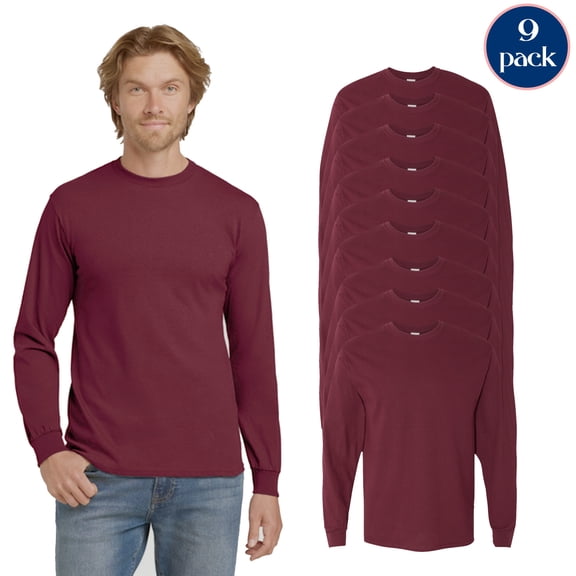 Gildan Men’s Heavy Cotton Long Sleeve T-Shirt, Activewear Maroon Casual Tee, 9 Pack, S