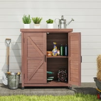 D-road Outdoor Storage Cabinet & Potting Bench Table with Metal Top, Wooden Patio Furniture, Garden Workstation, Brown