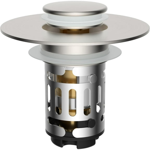 UniMall Upgraded 3 in 1 Bathroom Sink Drain Strainer, Universal Pop Up Stopper with Removable Stainless Steel Filter Basket Hair Catcher, Sink Plug for 1.1''~2.36'' Basin, Brass Core, Brushed Nickel