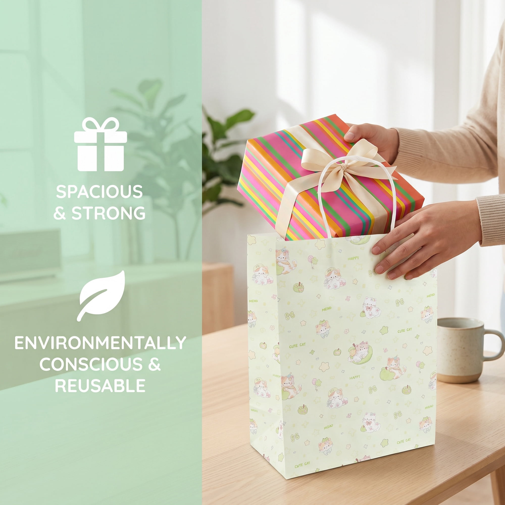 Unique Bargains 6Pcs Thick Cartoon Paper Gift Bags with Handles Green 8.3" x 4.3" x 10.6"