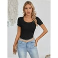 thumbnail image 2 of Womens Tops Summer Square Neck Short Sleeve Shirts Ribbed Knit Slim Fitted Tshirt Casual Tees Clothing, 2 of 7