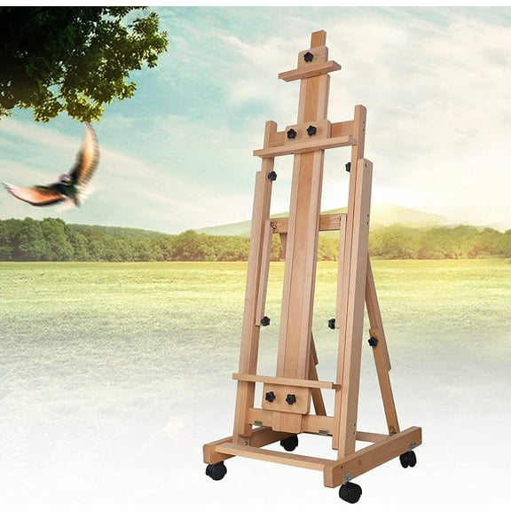 Miumaeov Deluxe Movable H-Frame Studio Easel, Extra Large and Thicken Solid Red Beech Wood Easel Moisture-Proof and Sun-Proof, Height Adjustable Durable Vertical and Horizontal Folding Sketch Easel